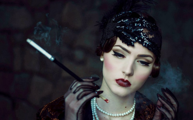 Woman smoking black hat feathered free wallpaper for desktop - medium preview image