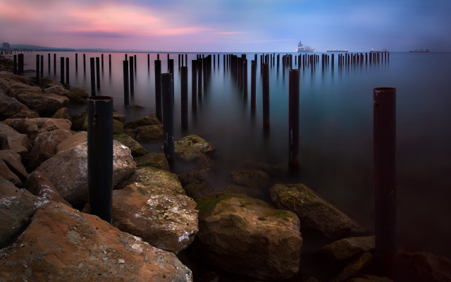 Long dock rocks poles boat free wallpaper for desktop - medium preview image