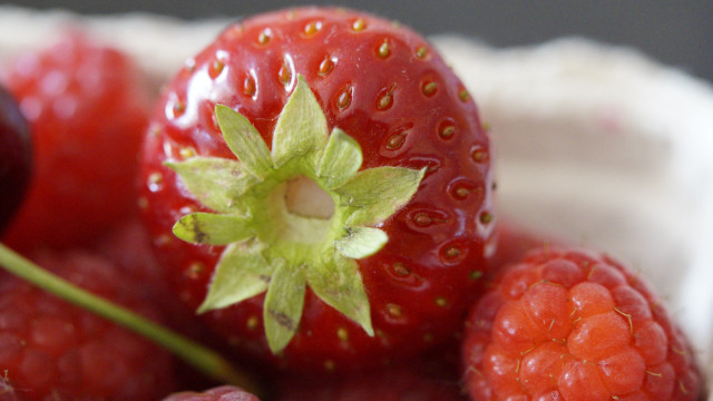 Strawberries raspberries bowl leaf macro free wallpaper for desktop - medium preview image