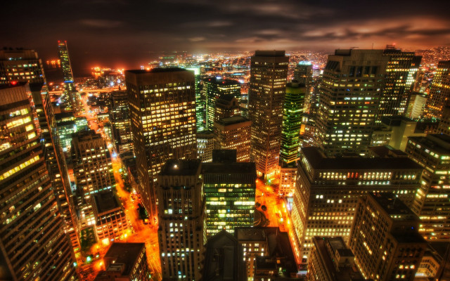 City night lights buildings cloudy free wallpaper for desktop - medium preview image