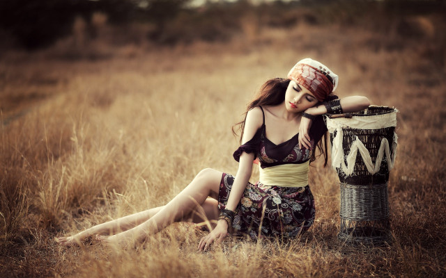 Woman field drum hat dress free wallpaper for desktop - medium preview image