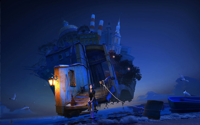 Surreal man pulling boat tower free wallpaper for desktop - medium preview image