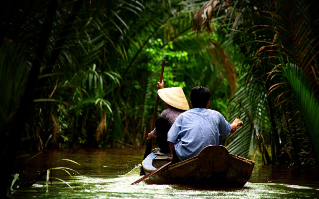 River boat people forest bamboo free wallpaper for desktop - medium preview image