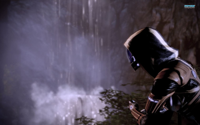 Man black outfit waterfall forest free wallpaper for desktop - medium preview image