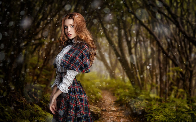 Gothic forest woman plaid dress free wallpaper for desktop - medium preview image