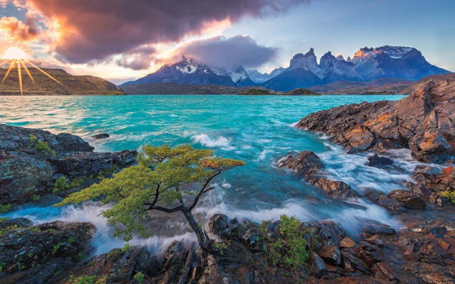 Tree water rocks mountains sunset #2 free wallpaper for desktop - medium preview image