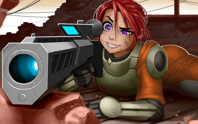 Cartoon girl gun controller smile free wallpaper for desktop - medium preview image