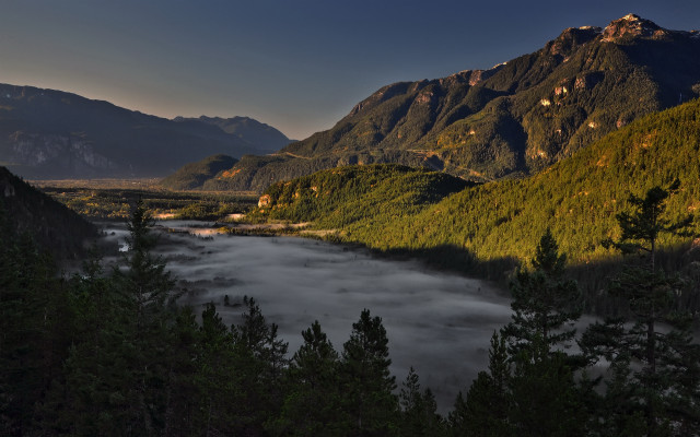 River mountains trees fog landscape free wallpaper for desktop - medium preview image