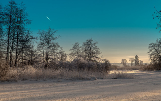 Snowy road trees plane clouds free wallpaper for desktop - medium preview image