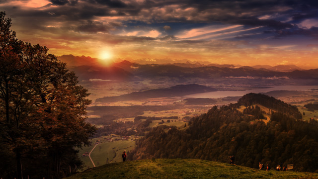 Sunset valley mountains trees hill free wallpaper for desktop - medium preview image