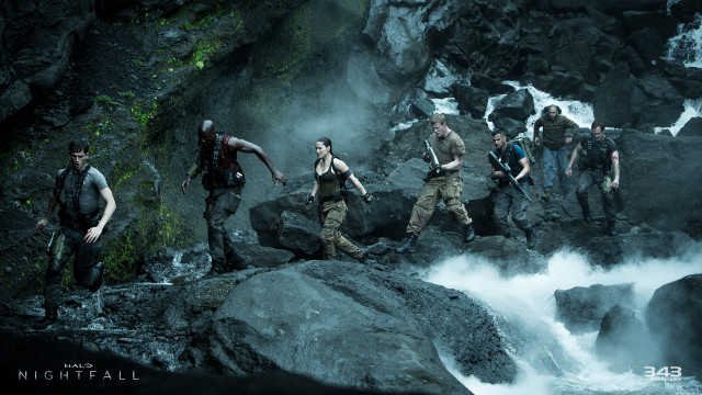 People walking river waterfall woods free wallpaper for desktop - medium preview image