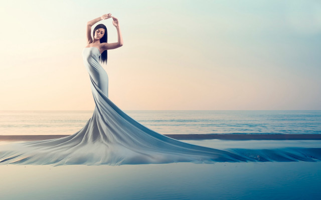 Woman long dress beach arms free wallpaper for desktop - medium preview image