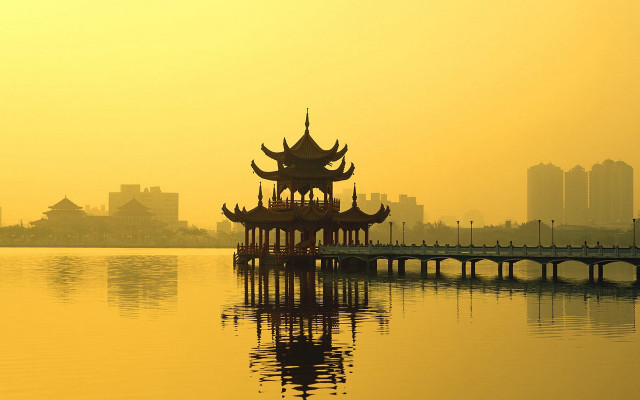 Pagoda lake city skyline bridge free wallpaper for desktop - medium preview image