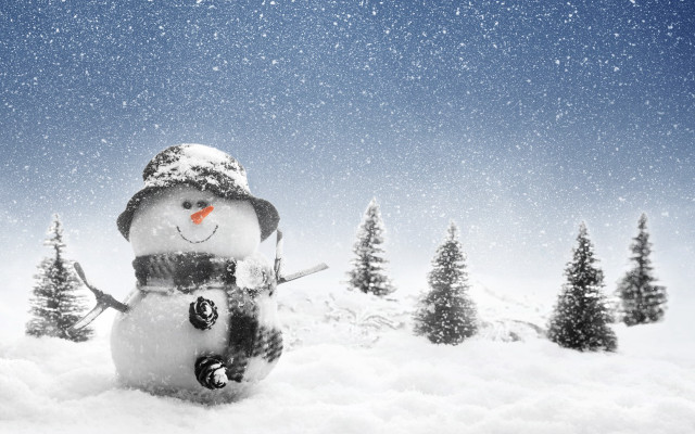 Snowman hat scarf snow trees free wallpaper for desktop - medium preview image