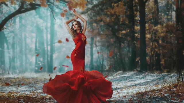 Red dress dancing woods autumn free wallpaper for desktop - medium preview image