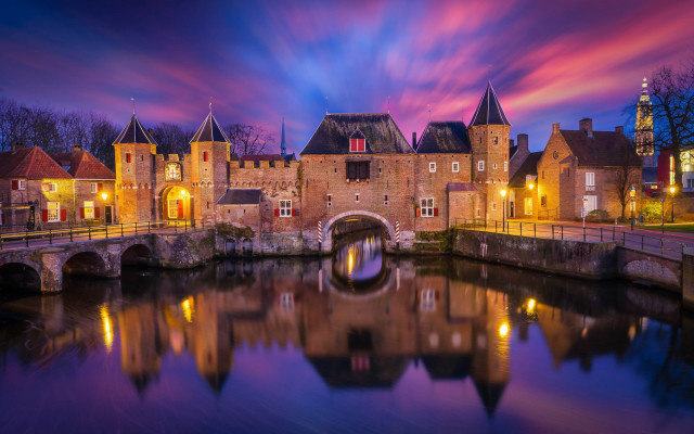 Castle bridge river night colorful free wallpaper for desktop - medium preview image