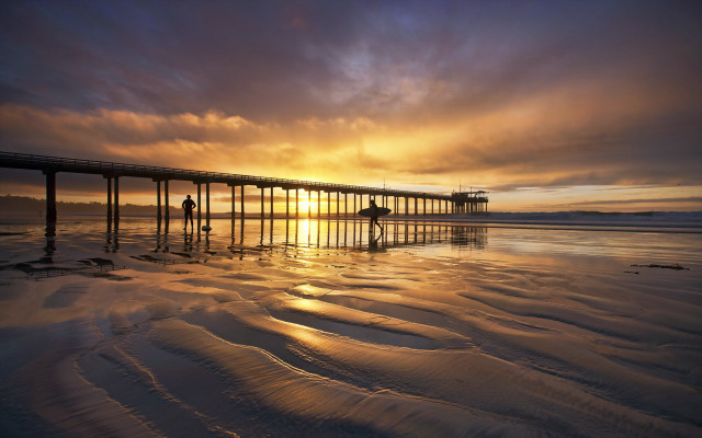 Pier sunset beach mountain ocean free wallpaper for desktop - medium preview image