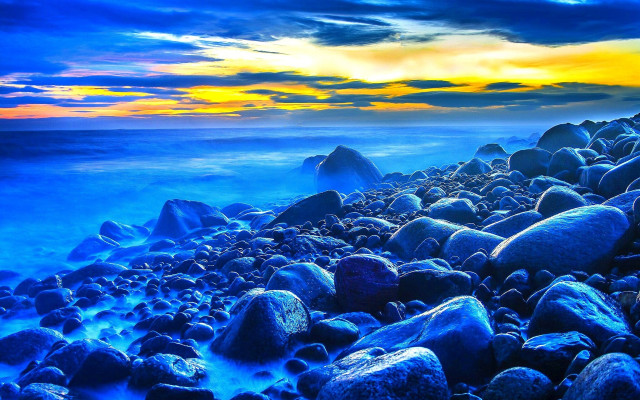 Rocky beach sunset blue sky free wallpaper for desktop - medium preview image