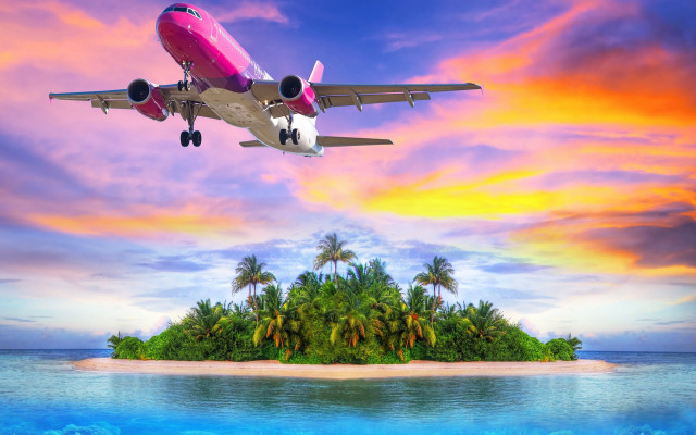 Airplane island palm sunset matte free wallpaper for desktop - medium preview image