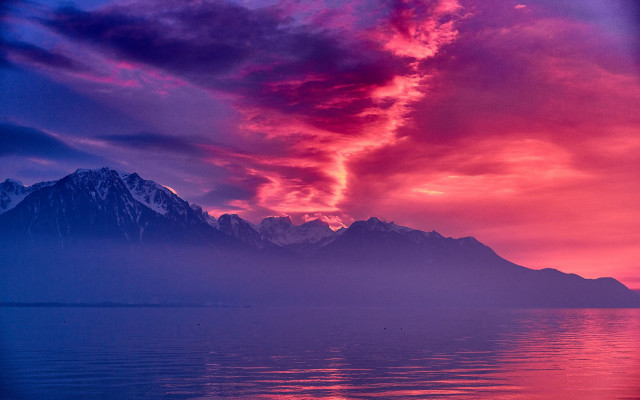 Boat mountain sunset pink blue free wallpaper for desktop - medium preview image