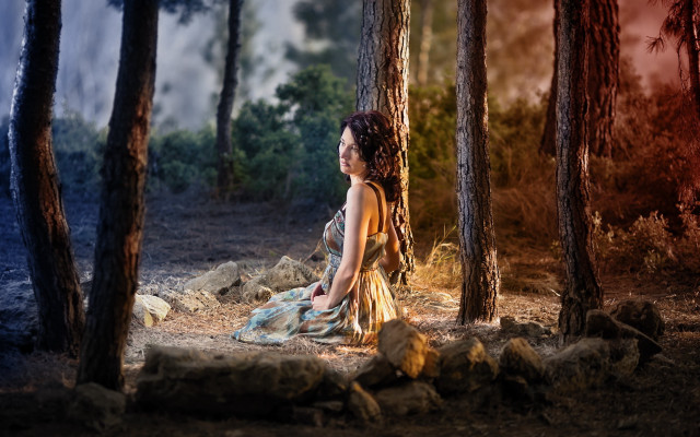 Woman forest fire matte fantasy free wallpaper for desktop - medium preview image