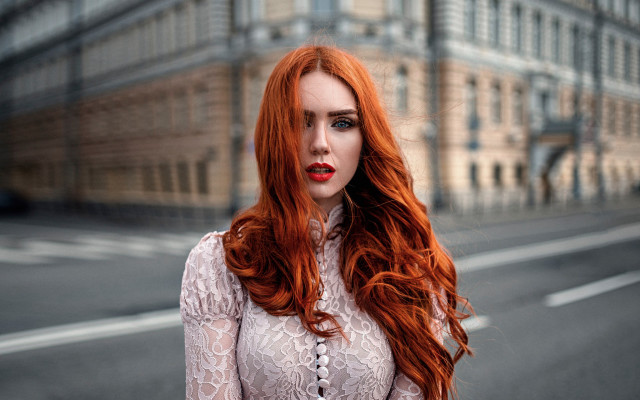 Redhair whitedress urban artnouveau blueeyes free wallpaper for desktop - medium preview image