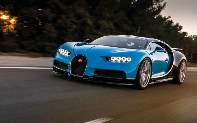 Blue bugatti sunset road trees free wallpaper for desktop - medium preview image
