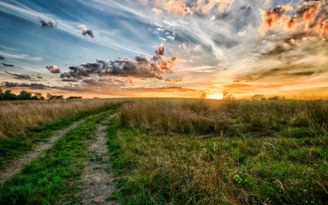 Dirt path grassy field sunset free wallpaper for desktop - medium preview image