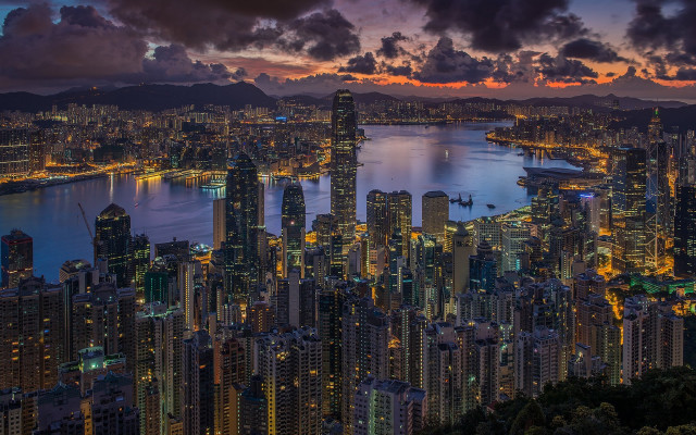 City skyline night water lights free wallpaper for desktop - medium preview image