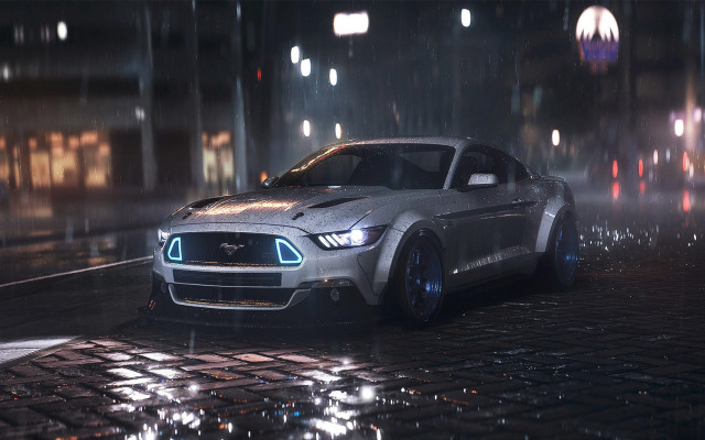 Mustang city night fog headlights free wallpaper for desktop - medium preview image