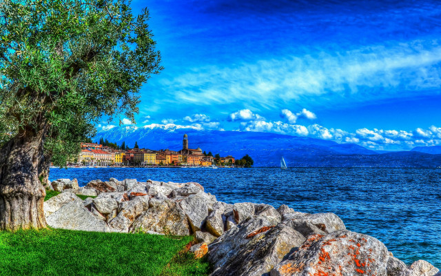 Lake shore tree castle sailboat free wallpaper for desktop - medium preview image