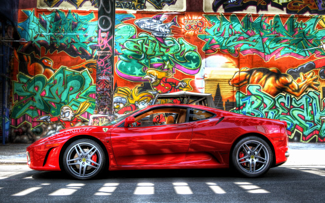 Red sports car graffiti wall free wallpaper for desktop - medium preview image