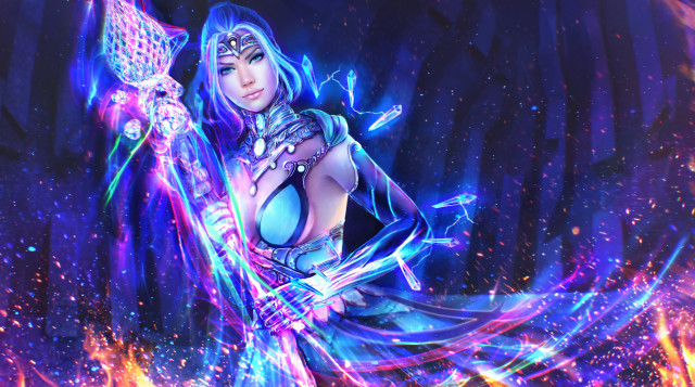 Woman sword fire stars blue free wallpaper for desktop - medium preview image