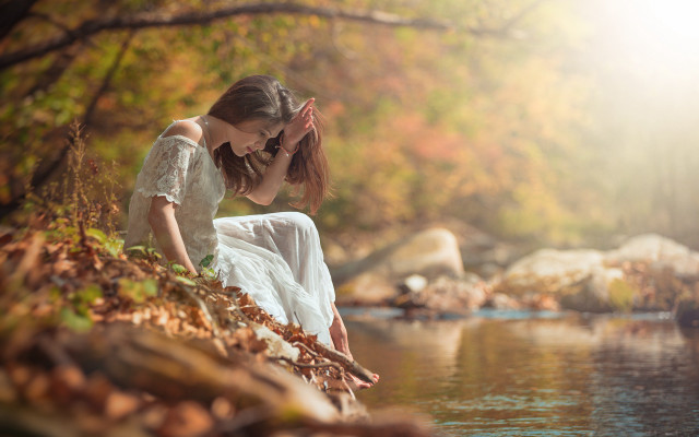 Woman white dress river fall free wallpaper for desktop - medium preview image