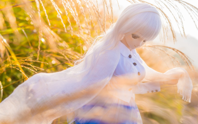 White hair blue dress umbrella free wallpaper for desktop - medium preview image