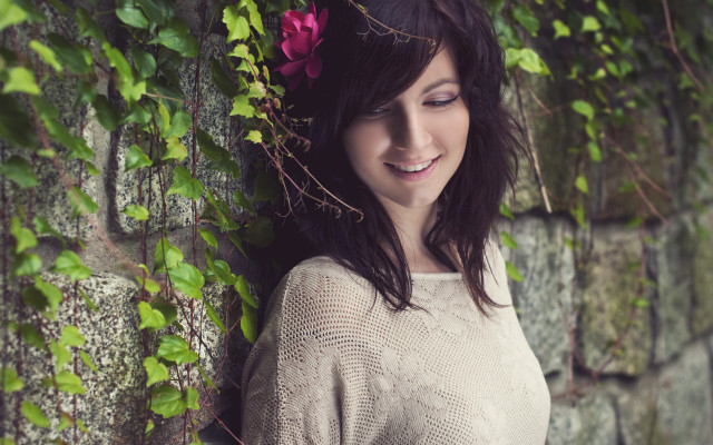 Woman brick wall flower sweater free wallpaper for desktop - medium preview image