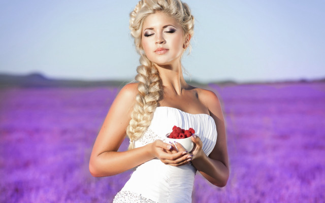 Woman white dress berries lavender free wallpaper for desktop - medium preview image
