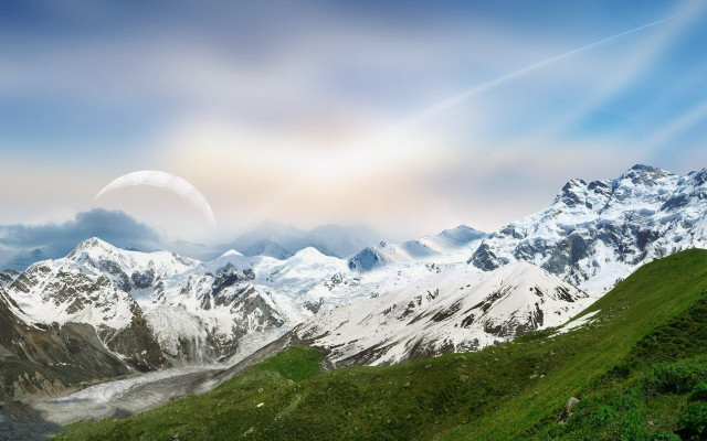 Mountain range moon grassy field free wallpaper for desktop - medium preview image