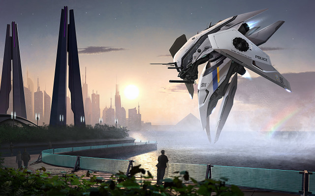 Futuristic city jet man retrofuturism free wallpaper for desktop - medium preview image