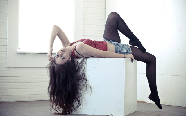 Woman red top black stockings free wallpaper for desktop - medium preview image