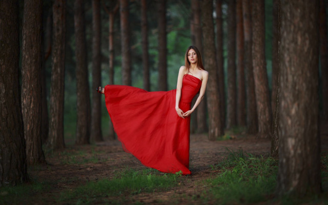 Woman red dress forest wind free wallpaper for desktop - medium preview image
