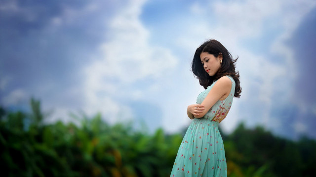 Woman blue dress clouds green free wallpaper for desktop - medium preview image