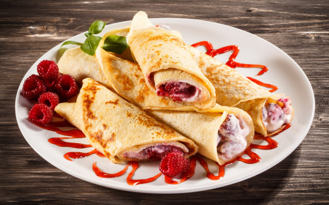 Crepes raspberries sauce wooden table free wallpaper for desktop - medium preview image