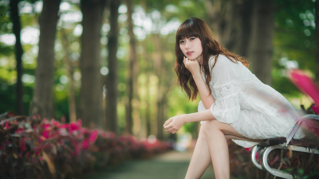 Woman park bench flowers bokeh free wallpaper for desktop - medium preview image