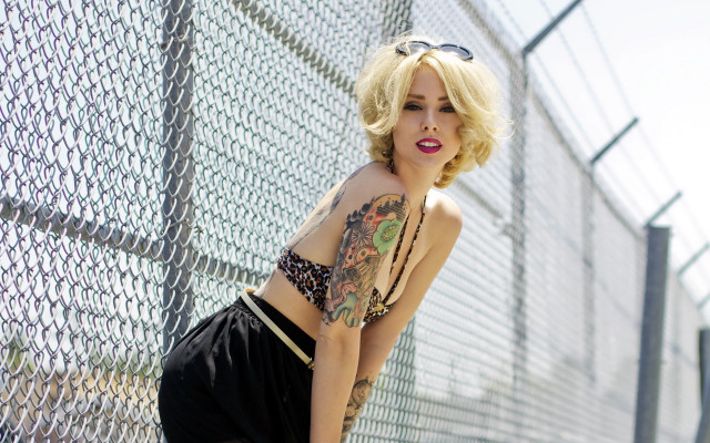Fence tattoo blonde city fishnets free wallpaper for desktop - medium preview image