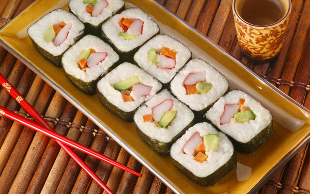 Sushi chopsticks tea bamboo table free wallpaper for desktop - medium preview image