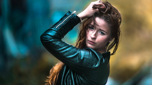 Blonde woman leather jacket wind free wallpaper for desktop - medium preview image