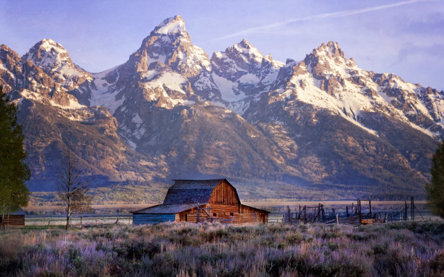 Barn field mountains clouds blue free wallpaper for desktop - medium preview image