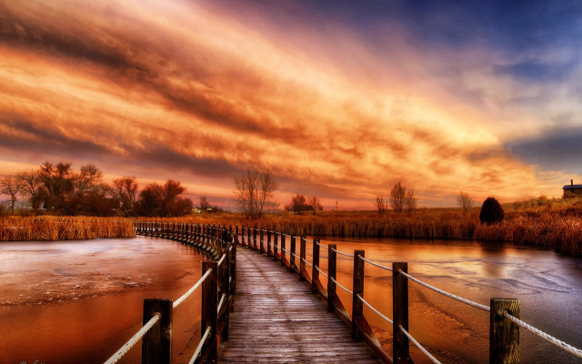 Wooden dock river sunset cloudy free wallpaper for desktop - medium preview image