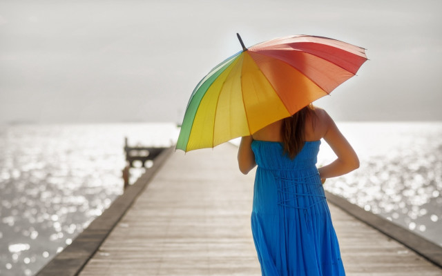 Blue dress umbrella pier ocean #2 free wallpaper for desktop - medium preview image